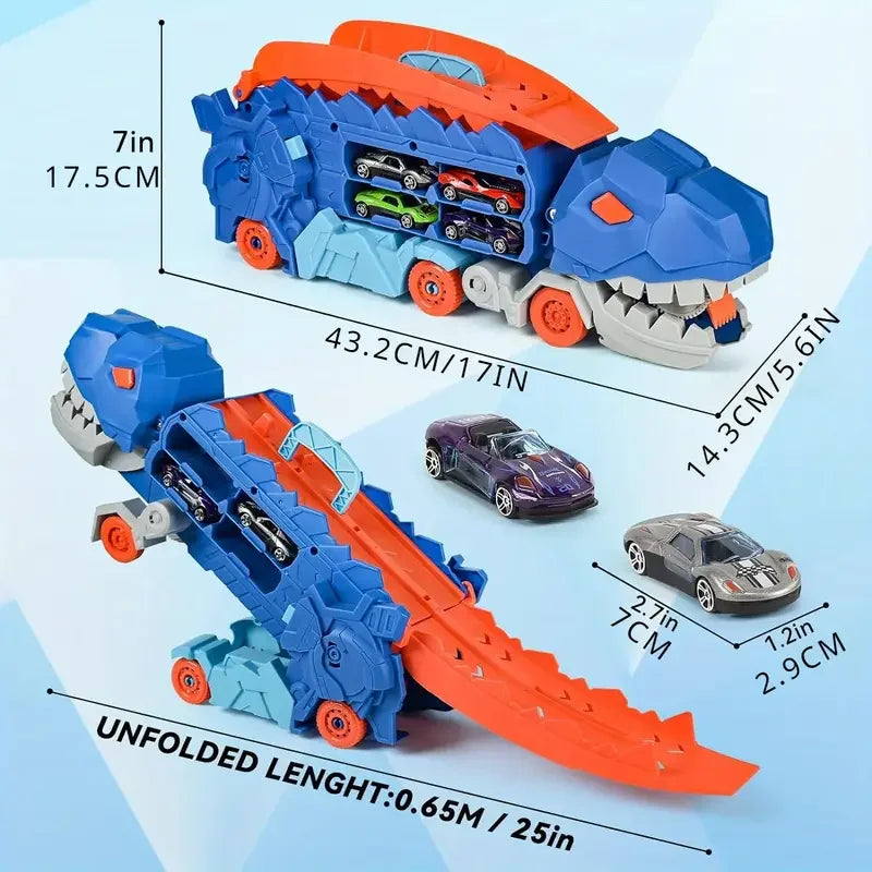 Dinosaur Truck with Folding Track and 4 Alloy Cars – Children's Toy