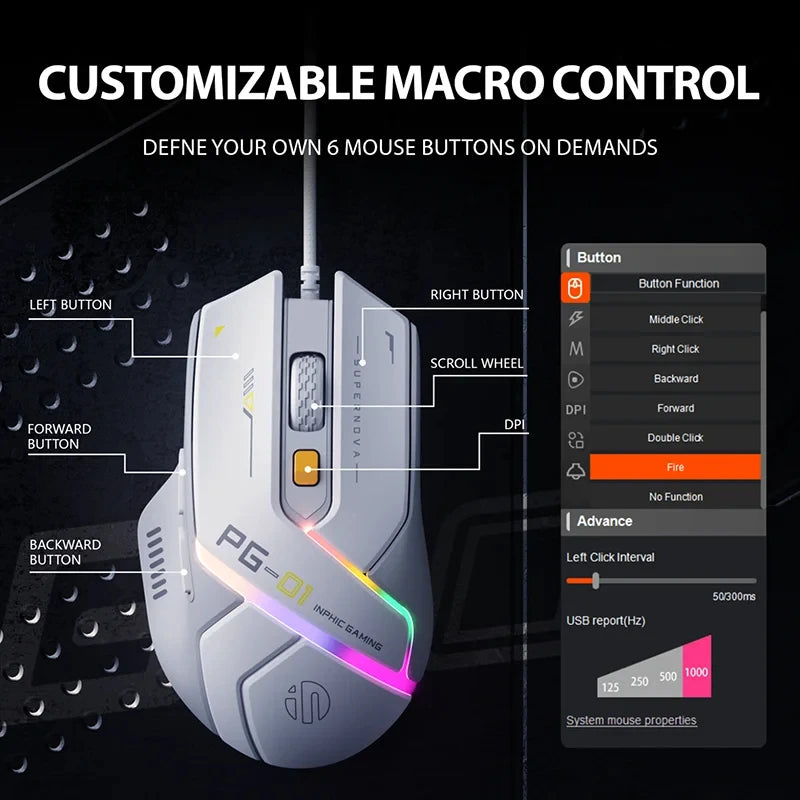 Inphic PG1 Wired Gaming Mouse with RGB & 12800 DPI