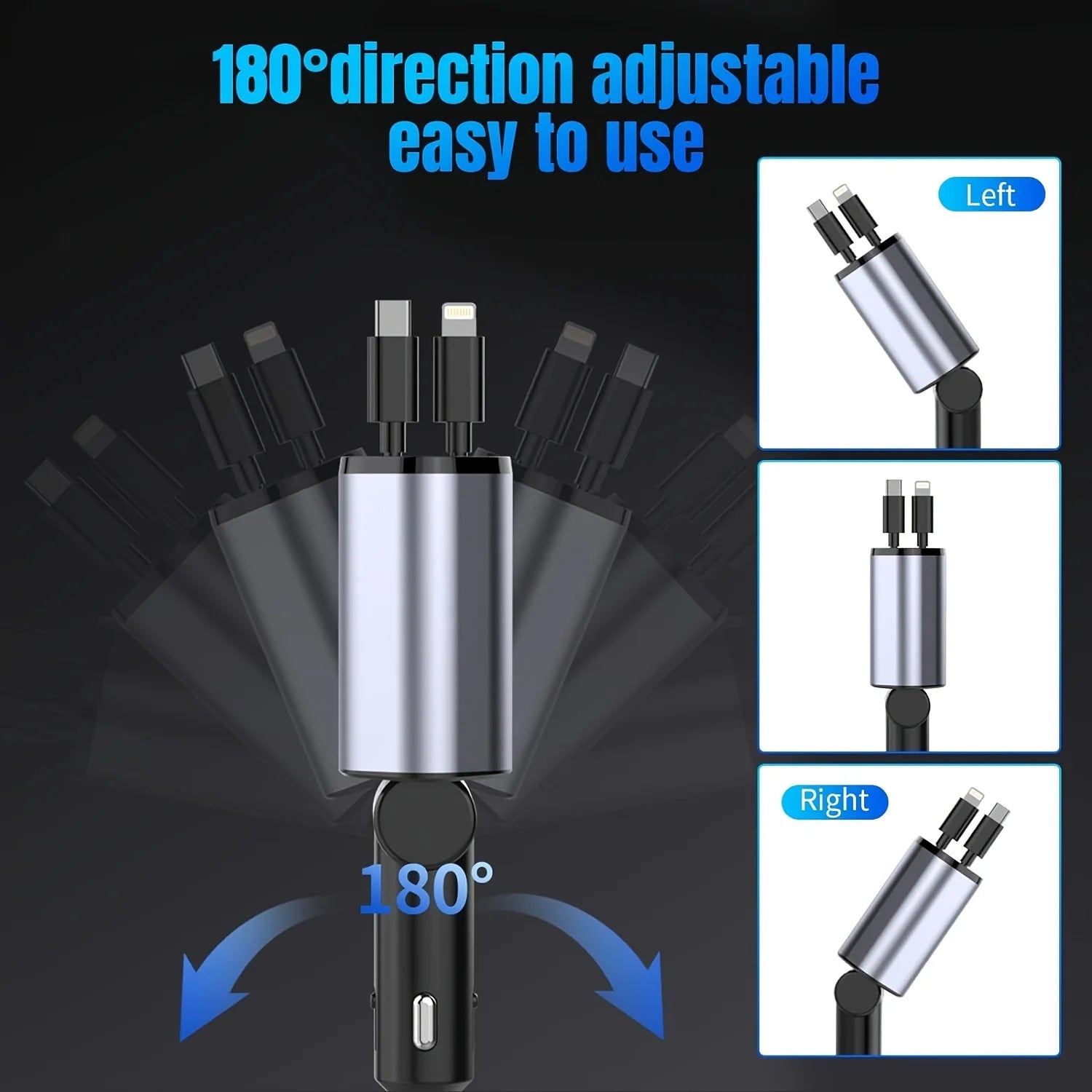 4-in-1 Retractable Fast Car Charger – 120W, Dual USB, Universal Compatibility