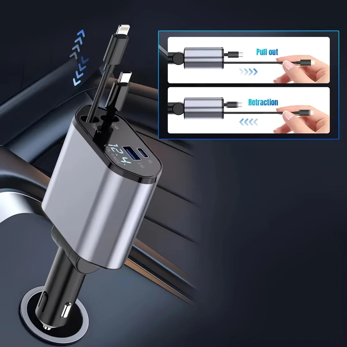 4-in-1 Retractable Fast Car Charger – 120W, Dual USB, Universal Compatibility