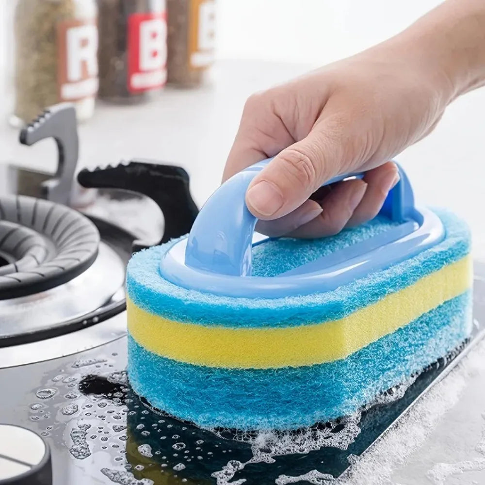 Durable Scrub Sponge Brush with Handle – For Kitchen, Bathroom & Household Cleaning