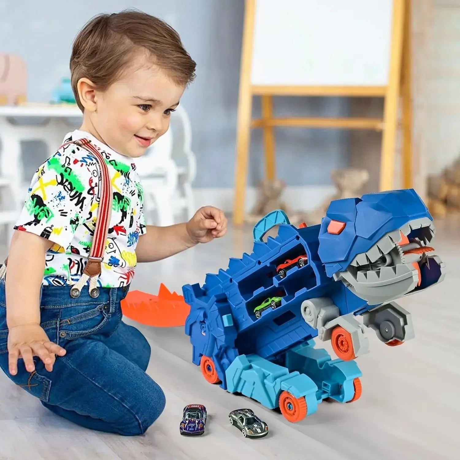 Dinosaur Truck with Folding Track and 4 Alloy Cars – Children's Toy