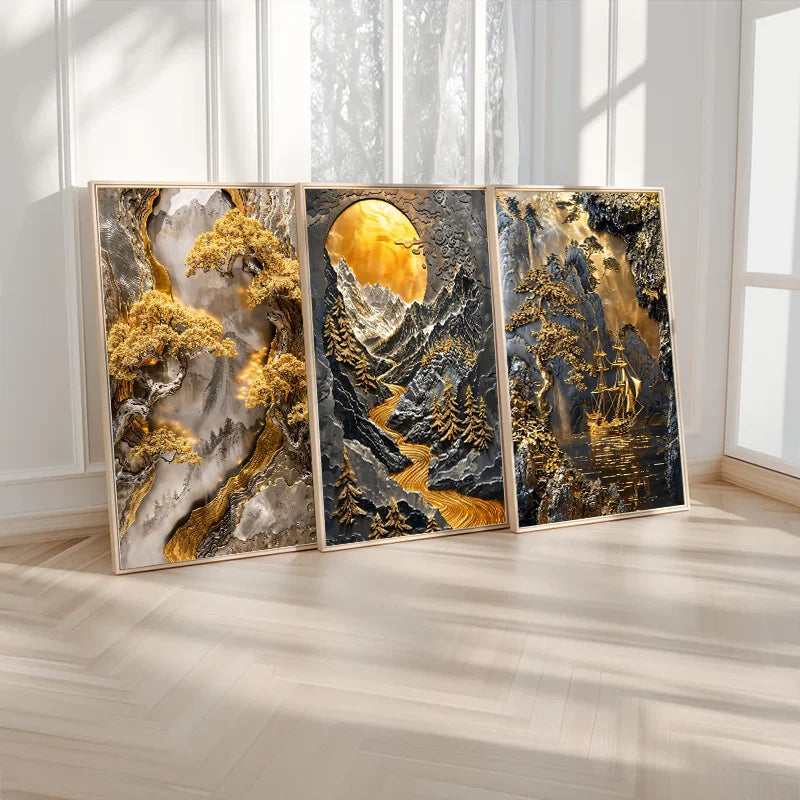 Golden Tree and Moon Canvas Painting – Asian Minimalist Style