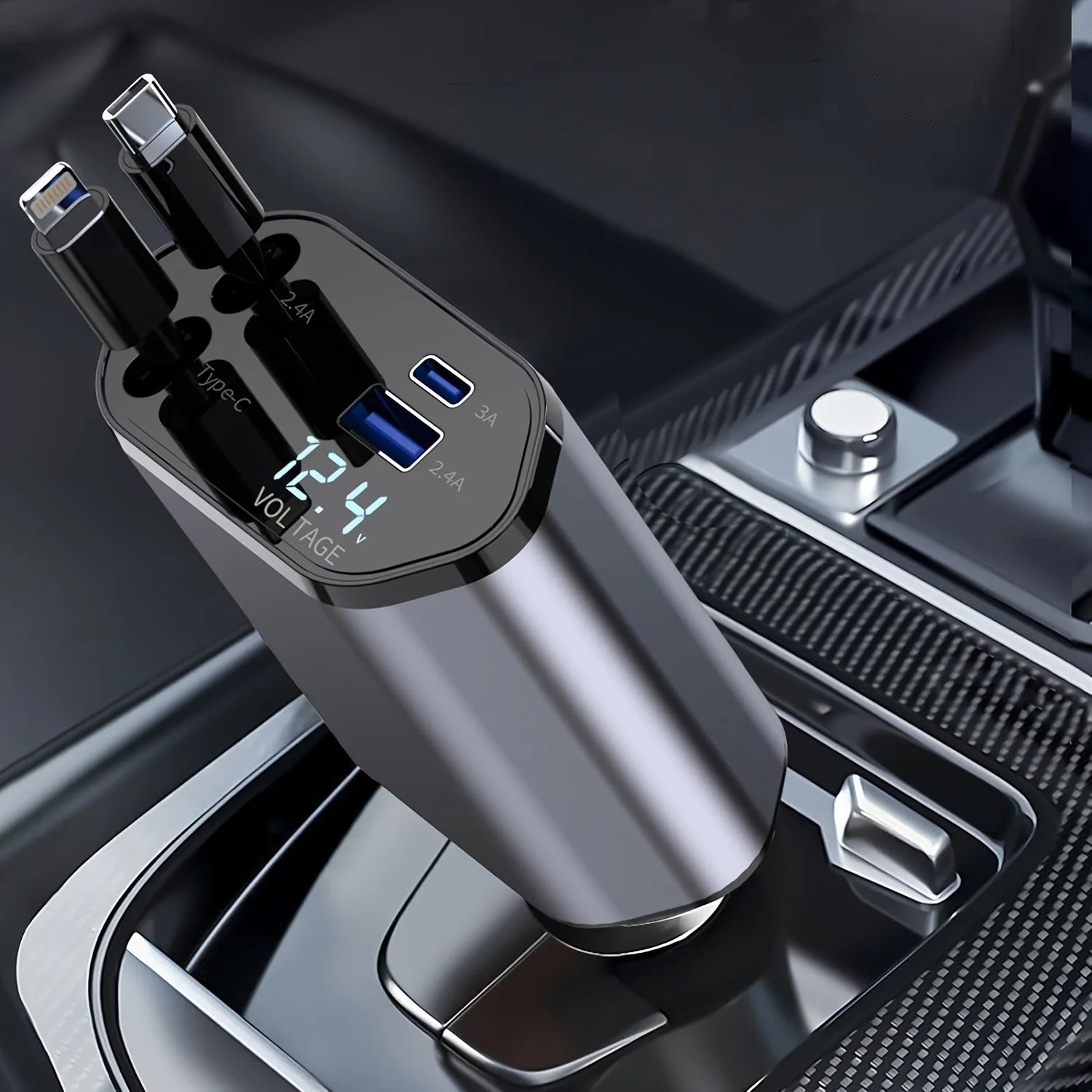 4-in-1 Retractable Fast Car Charger – 120W, Dual USB, Universal Compatibility