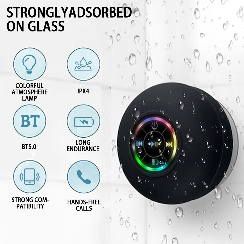 Compact Waterproof Bluetooth Speaker with LED & Suction Cup