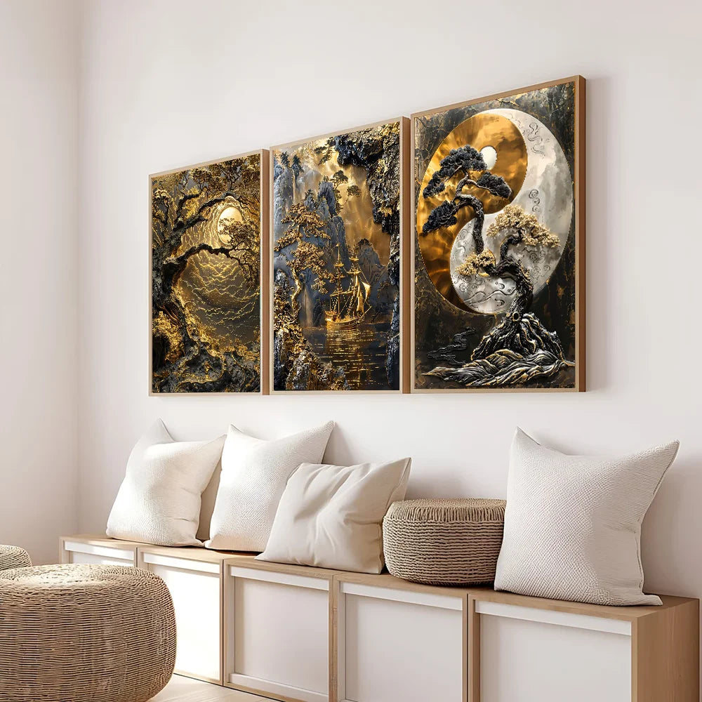 Golden Tree and Moon Canvas Painting – Asian Minimalist Style