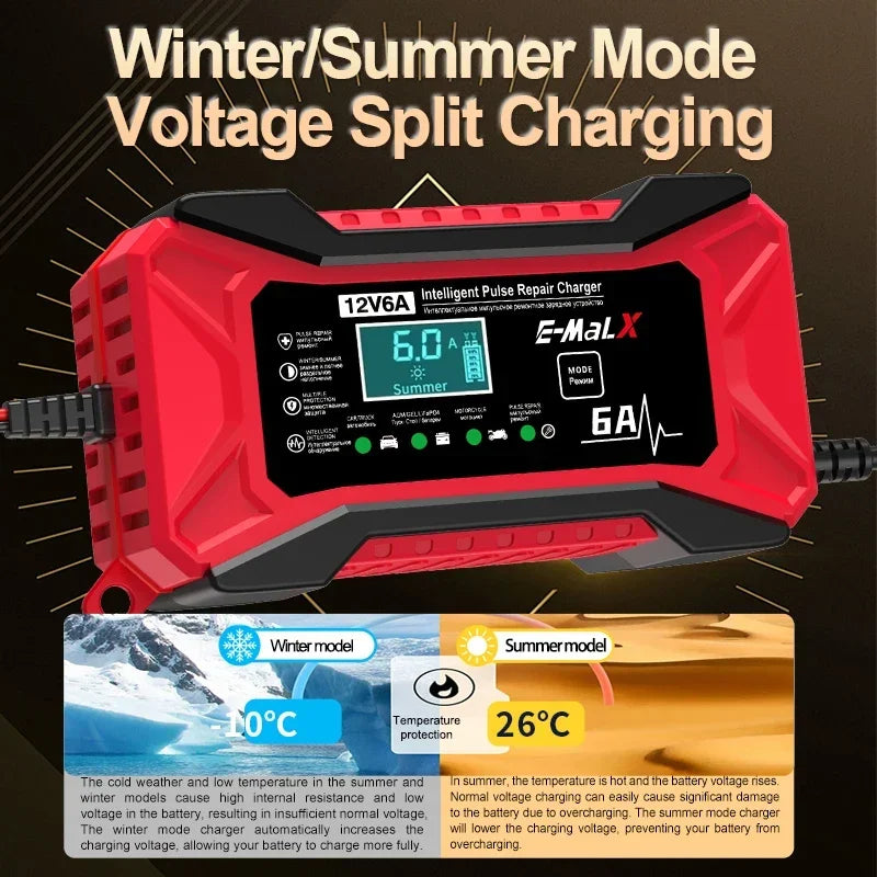 Smart 12V 6A Car Battery Charger & Pulse Repair