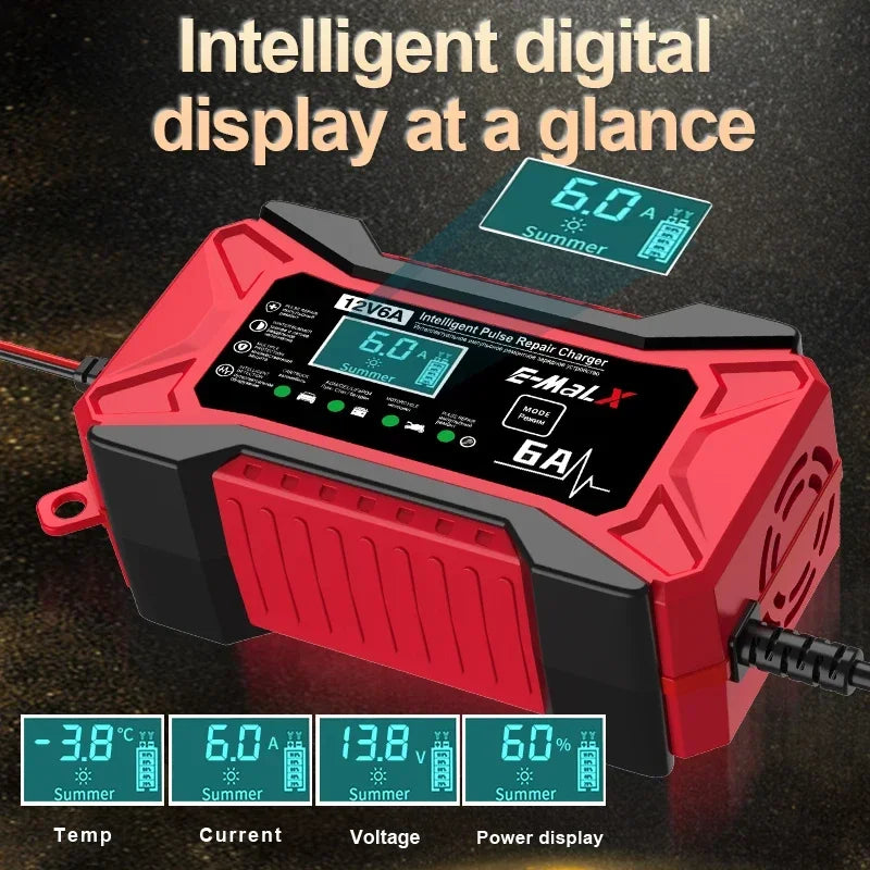 Smart 12V 6A Car Battery Charger & Pulse Repair