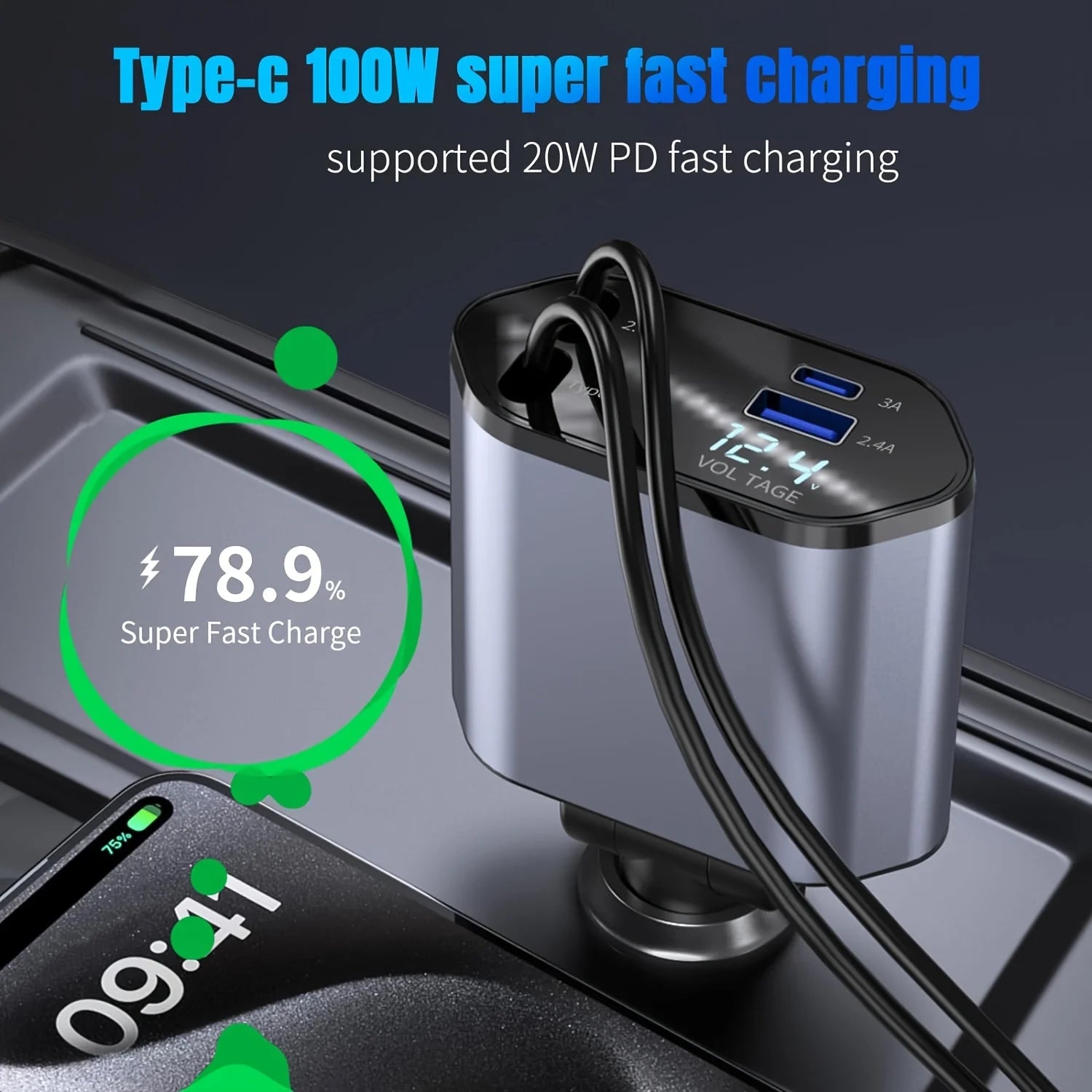 4-in-1 Retractable Fast Car Charger – 120W, Dual USB, Universal Compatibility