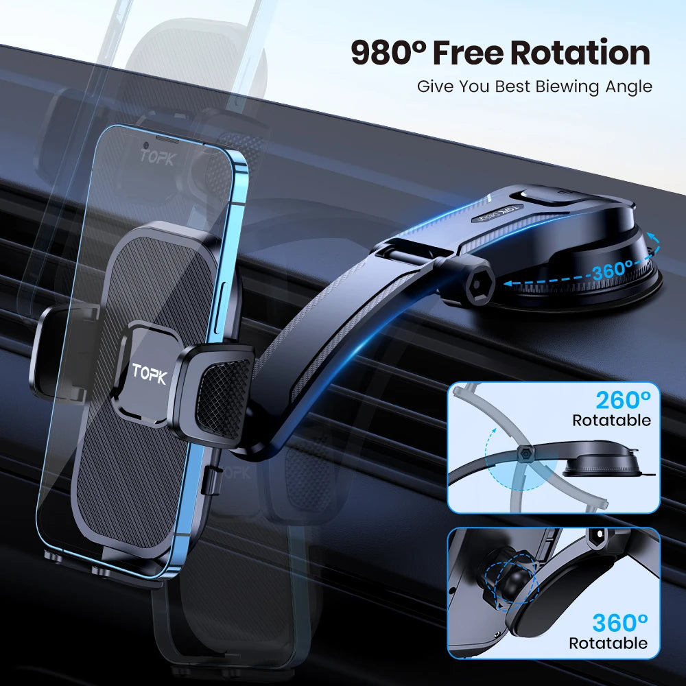 TOPK Universal Car Phone Holder – 360° Rotation, Non-Slip and Compact