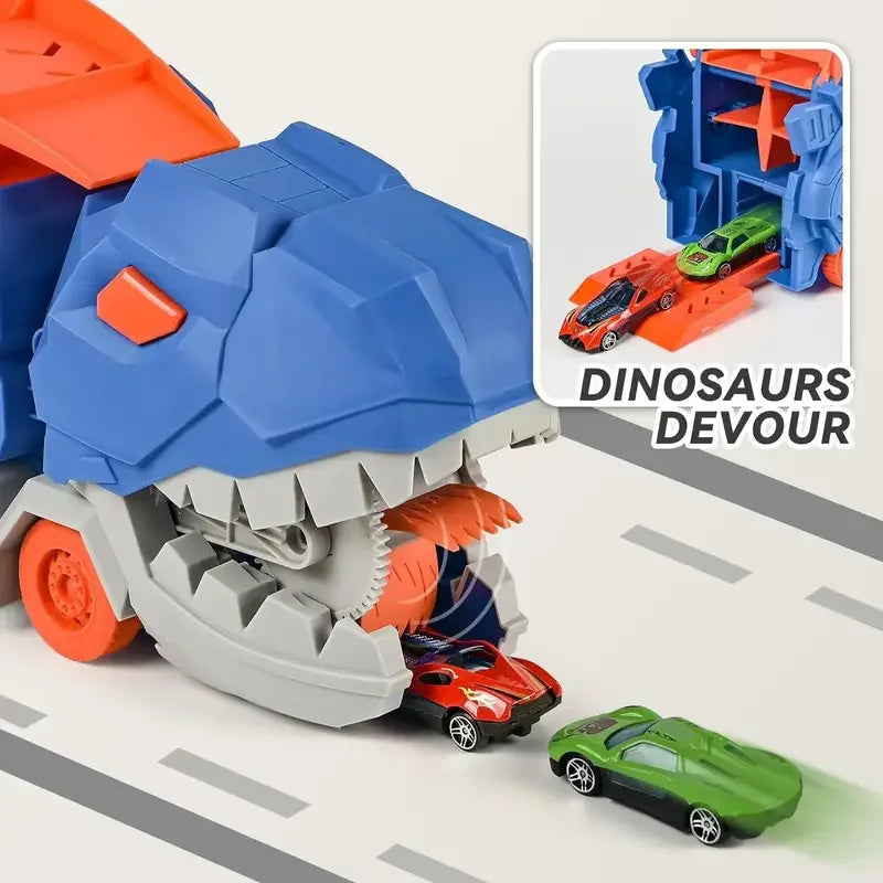 Dinosaur Truck with Folding Track and 4 Alloy Cars – Children's Toy