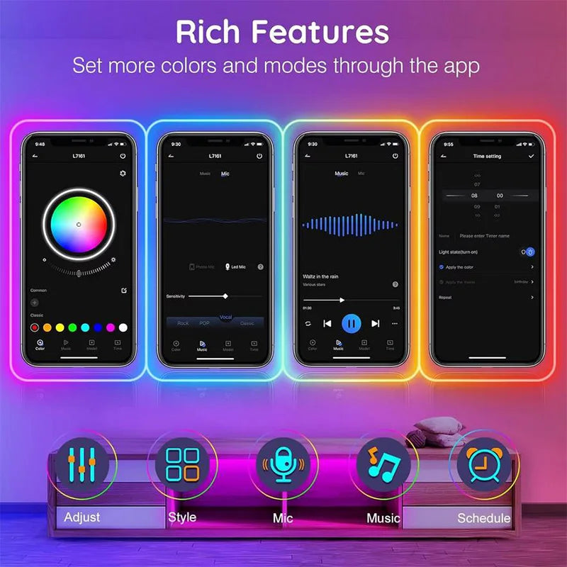 RGB Neon LED Strip with Bluetooth and Musical Synchronization – 5 to 30m