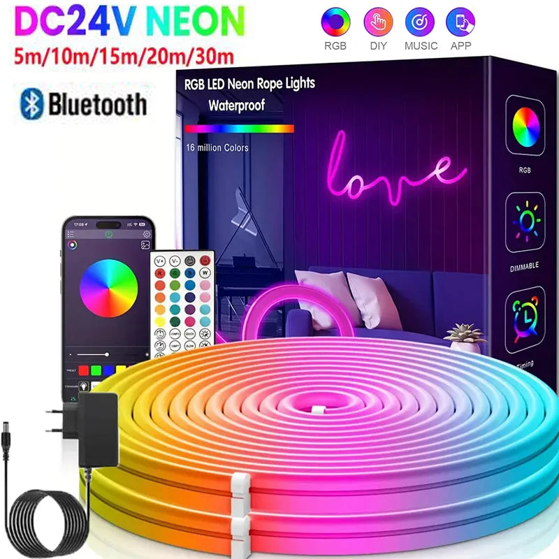 RGB Neon LED Strip with Bluetooth and Musical Synchronization – 5 to 30m